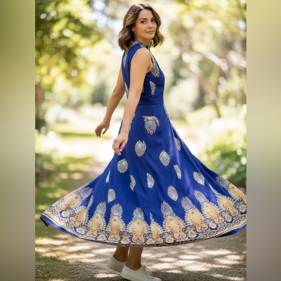 GM Fashion Sleeveless Blue Patterned Dress p2p~22” length: 50” with Pockets - Picture 10 of 10